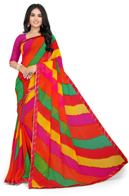 Pemal Designer Printed Leheria Georgette Saree(Multicolor)