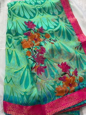 BLEESBURY Printed, Self Design, Geometric Print, Graphic Print, Floral Print, Polka Print, Solid/Plain Bollywood Georgette, Chiffon Saree(Light Green)