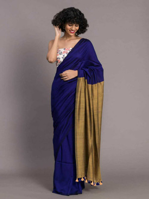 SAYAN CREATION Solid/Plain, Self Design Daily Wear Handloom Pure Cotton Saree(Blue, Brown)