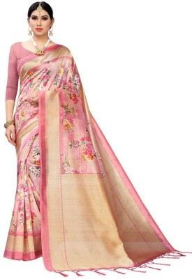 WhiteCloud Floral Print Banarasi Pure Silk Saree(Pink)