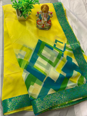 Dhandai Fashion Printed, Self Design, Embellished, Floral Print Bollywood Georgette Saree(Yellow)