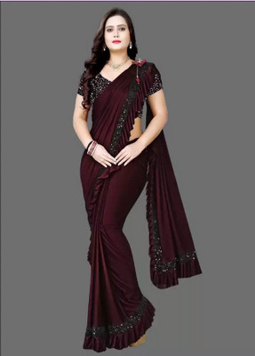 gunatit hub Solid/Plain Bollywood Silk Blend, Lycra Blend Saree(Maroon)