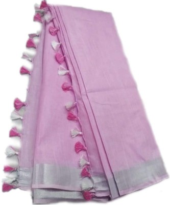 Nimra Crafts Solid/Plain Bhagalpuri Cotton Linen Saree(Pink)