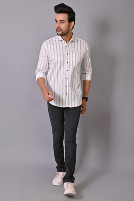 Dinru Men Striped Casual White Shirt