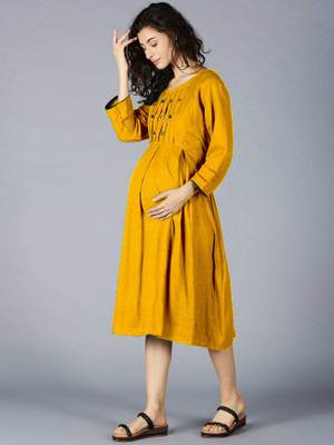 WAY SAFE Women Gathered Gold Midi/Calf Length Dress