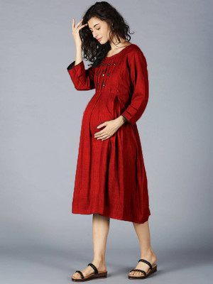 WAY SAFE Women Gathered Maroon Midi/Calf Length Dress