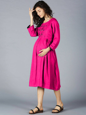 WAY SAFE Women Gathered Pink Midi/Calf Length Dress