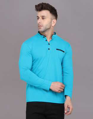 tfurnish Solid Men Mandarin Collar Light Blue T-Shirt