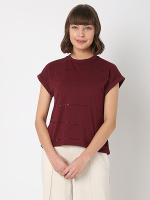 VERO MODA Printed Women Round Neck Purple T-Shirt