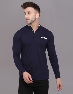 tfurnish Solid Men Mandarin Collar Dark Blue T-Shirt