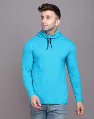 Money Leaf Solid Men Hooded Neck Light Blue T-Shirt