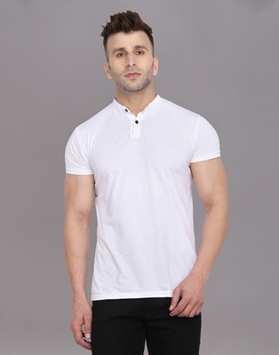 Blisstone Solid Men Mandarin Collar White T-Shirt