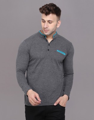 Lawful Casual Solid Men Mandarin Collar Grey T-Shirt