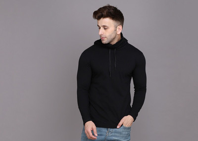 Money Leaf Solid Men Hooded Neck Black T-Shirt