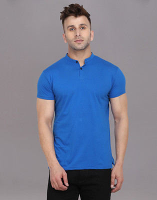 Money Leaf Solid Men Mandarin Collar Blue T-Shirt