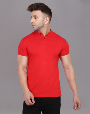 Blisstone Solid Men Mandarin Collar Red T-Shirt