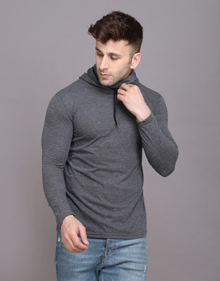 Money Leaf Solid Men Hooded Neck Grey T-Shirt
