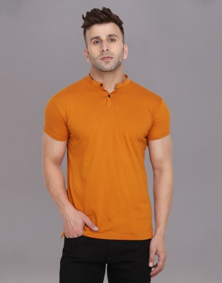 Blisstone Solid Men Mandarin Collar Gold T-Shirt