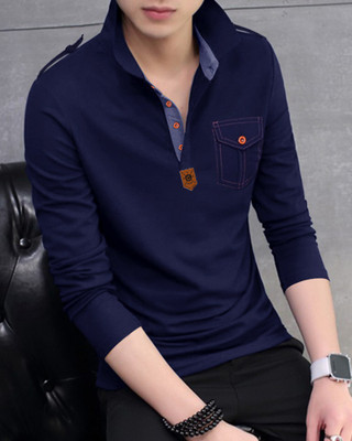 Eyebogler Solid Men Polo Neck Blue T-Shirt