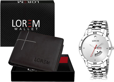 LOREM Combo Of Silver Men Watch & Brown Artificial Leather Wallet For Men Analog Watch  - For Men