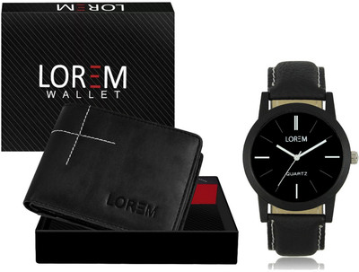 LOREM Combo Of Black Men Watch & Black Artificial Leather Wallet For Men Analog Watch  - For Men