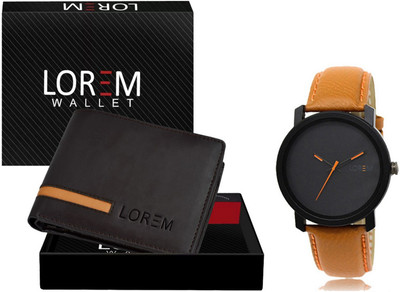 LOREM Combo Of Orange Men Watch & Brown Artificial Leather Wallet For Men Analog Watch  - For Men