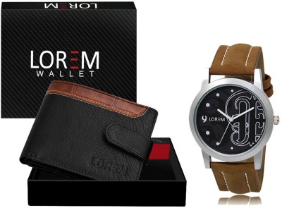 LOREM Combo Of Brown Men Watch & Black Artificial Leather Wallet For Men Analog Watch  - For Men