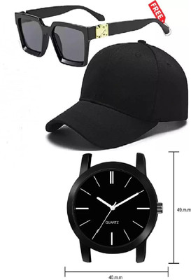 LAVISHABLE Black Baseball Cap Sunglass and Analog Watch For Boys Cap (Pack of 3) Analog Watch  - For Men