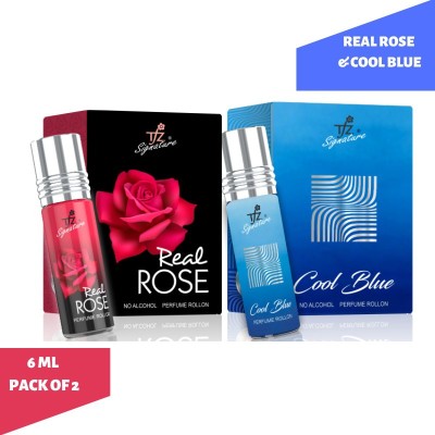 tfz Attar Cool Blue & Real Rose No Alcohol Perfume Roll on 6ml Each (Pack of 2) Herbal Attar(Natural)