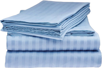 comofowell 210 TC Cotton Double Striped Flat Bedsheet(Pack of 1, sky Blue)
