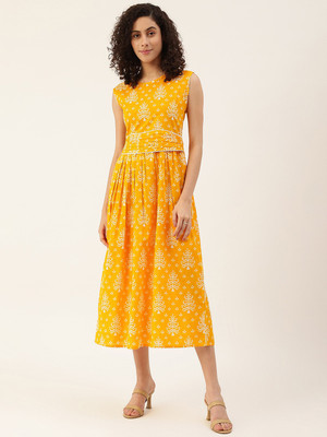 maaesa Women Fit and Flare Orange Midi/Calf Length Dress