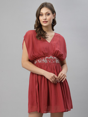 KASSUALLY Women Fit and Flare Pink Above Knee/Mid Thigh Length Dress