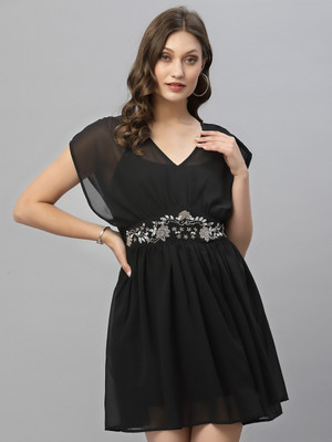 KASSUALLY Women Fit and Flare Black Above Knee/Mid Thigh Length Dress