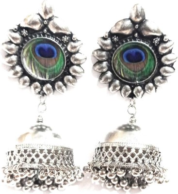 OMAANC TRADITIONAL SILVER OXIDISED PEACOCK FEATHER TREND JHUMKI EARRINGS Alloy Jhumki Earring, Drops & Danglers