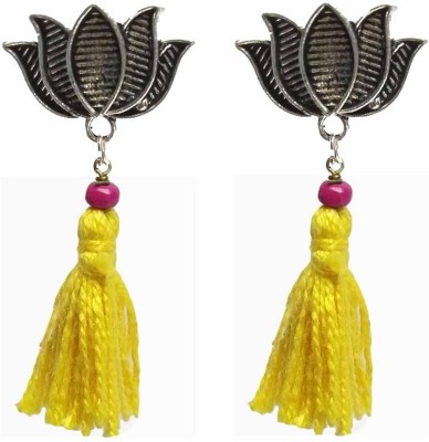 Gurjari Jewellers Oxidised lotus tops + Yellow Taseel earing Cotton Dori, Brass Tassel Earring