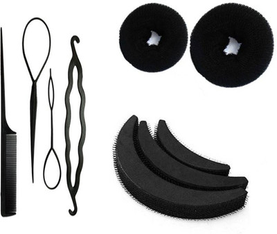 Sharum Crafts 4Pc Comb Set, 2 Donut & 3pc Puff Set Hair Accessory Set(Black)