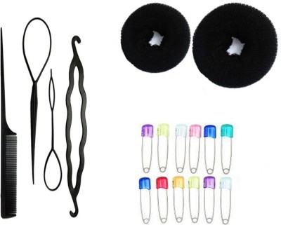 Sharum Crafts 4Pc Comb Set, 2 Donut & 12 Safety Pin Multi Hair Accessory Set(Black)