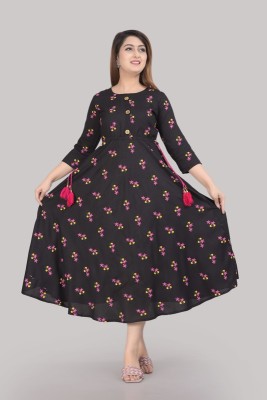 SMIEN Women Printed Anarkali Kurta(Black)