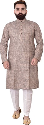 PYRAHAN Men Self Design Straight Kurta(Beige)