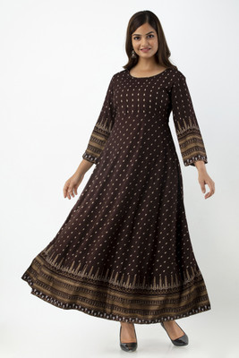 Abiri Women Block Print Anarkali Kurta(Brown)
