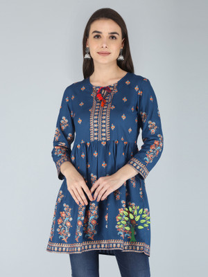 Dhan G Women Printed A-line Kurta(Blue)