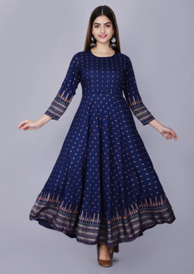 Abiri Women Block Print Anarkali Kurta(Blue)