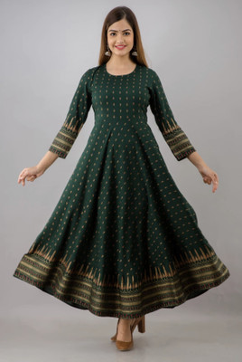 Abiri Women Block Print Anarkali Kurta(Green)
