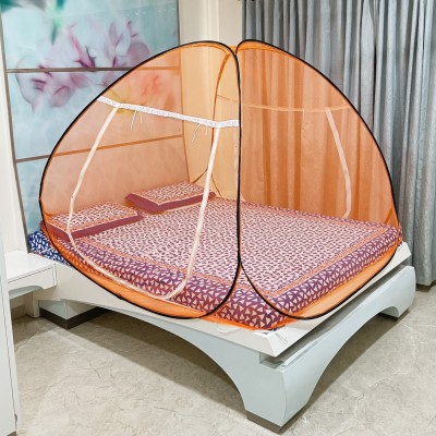 SILVER SHINE Polyester Adults Washable Mosquito Net Washable Polyester Foldable for king size Orange and Black Border Mosquito Net(Orange-Black, Tent)