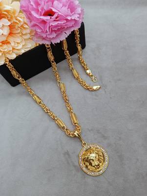 SHANKH-KRIVA Pendant Lion Locket Chain Gold Plated Rich Look Long Size Latest Designer Daily Use Jewelry for Men , Boys -100371 Gold-plated Metal Pendant Set
