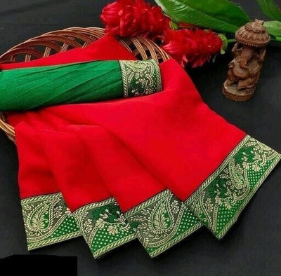 OKTAT Solid/Plain Banarasi Georgette Saree(Red)