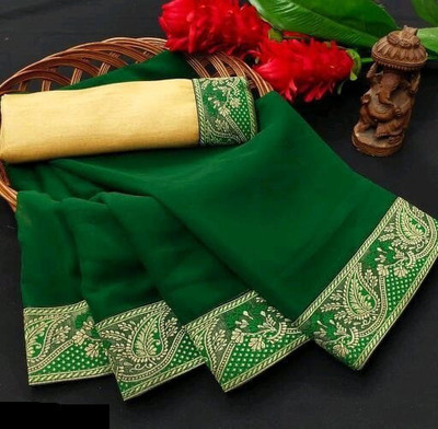 OKTAT Solid/Plain Banarasi Georgette Saree(Green)