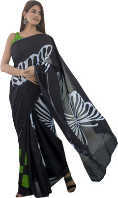 hastshilpi Printed, Color Block, Blocked Printed, Dyed, Floral Print Daily Wear Pure Cotton Saree(Black)