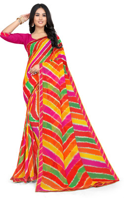 Pemal Designer Printed Leheria Georgette Saree(Multicolor)
