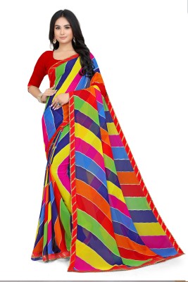 Pemal Designer Printed Leheria Georgette Saree(Multicolor)